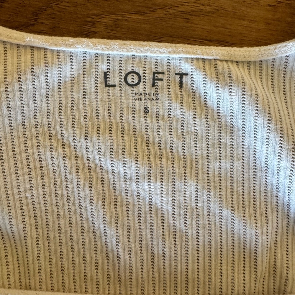 LOFT Cream Ribbed Blouse with Ruffled Shoulders - Picture 2 of 4